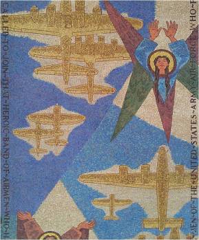 Francis Scott Bradford designed the glorious mosaic that covers the ceiling of the Cambridge American Cemetery Chapel.  Ghostly aircraft and mournful angels cover the ceiling in his moving tribute to the 3,811 buried and 5,126 missing who are memorialized at the Cemetery.