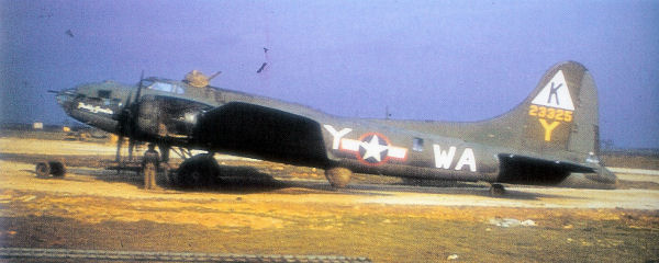 B-17F at RAF Kimbolton.  Note the "Triangle K" tail marking.  U.S. National Archives; this image or file is a work of a U.S. Air Force Airman or employee, taken or made as part of that person's official duties. As a work of the U.S. federal government, the image or file is in the public domain. 