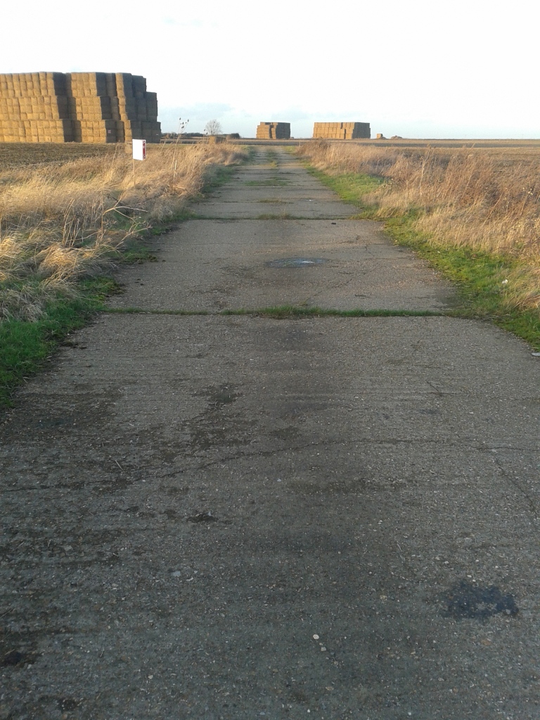 One of the concrete tarmacs of RAF Kimbolton today: broken concrete stretching towards where the control tower once stood, now all farmland. © Brandon Wilgus, 2014.