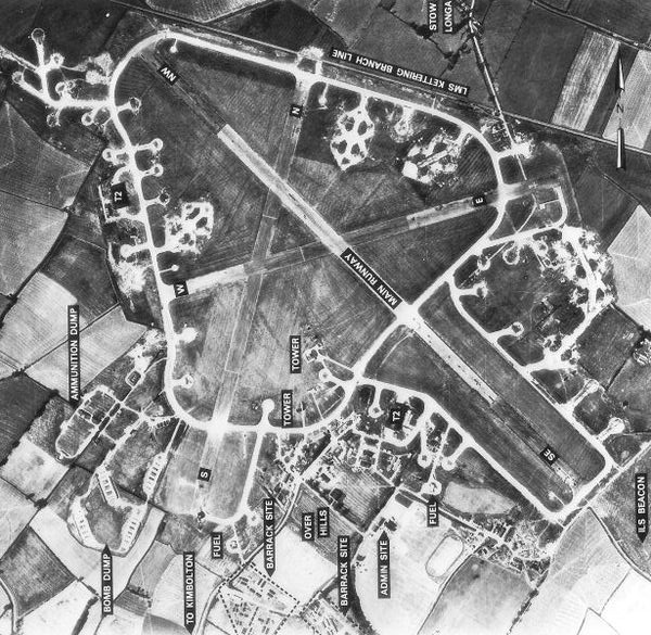 RAF Kimbolton on 10 August 1945.  The village of Stow Longa is just visible on the top of the aerial photograph. The village of Kimbolton is to the south. This artistic work created by the United Kingdom Government is in the public domain. 