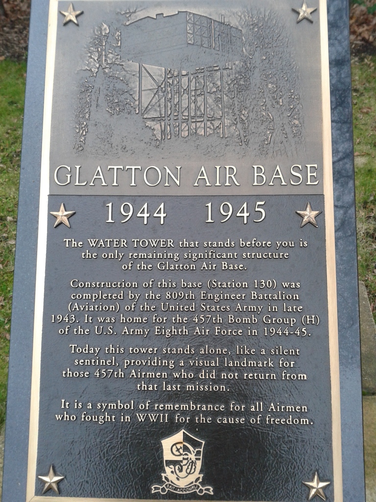 A marker placed at the foot of the watertower, which is a moving remembrance to the men who paid the ultimate sacrifice flying from RAF Glatton in the Second World War.  © Brandon Wilgus, 2015.